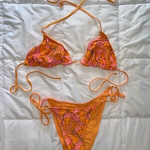 Bright Orange & Pink Floral Tie Bikini Set Double sided